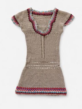 Handmade Crochet Mini Dress Boho Festival Knit Beige Colorful Trim Small